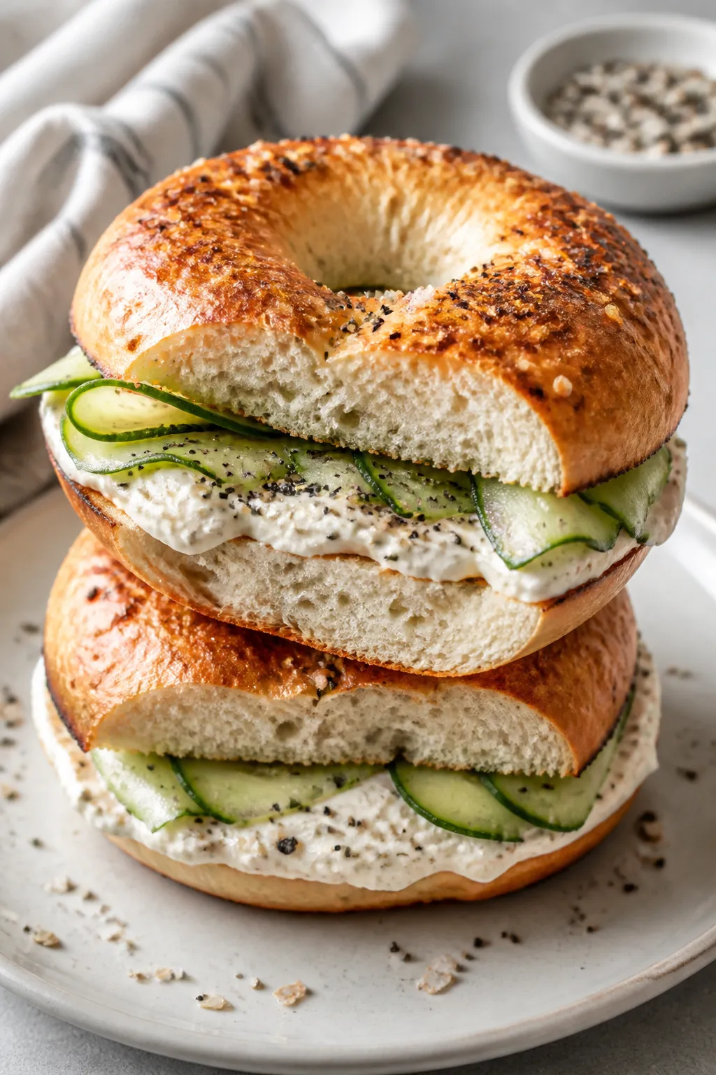 Close-up detail of a toasted cottage cheese bagel halved and stacked as a breakfast sandwich on a ma