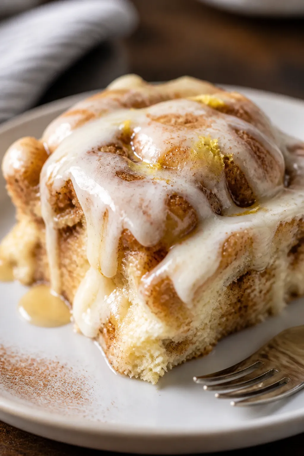 Close-up detail of a warm plated square of the Cottage Cheese Cinnamon Roll Bake just after frosting