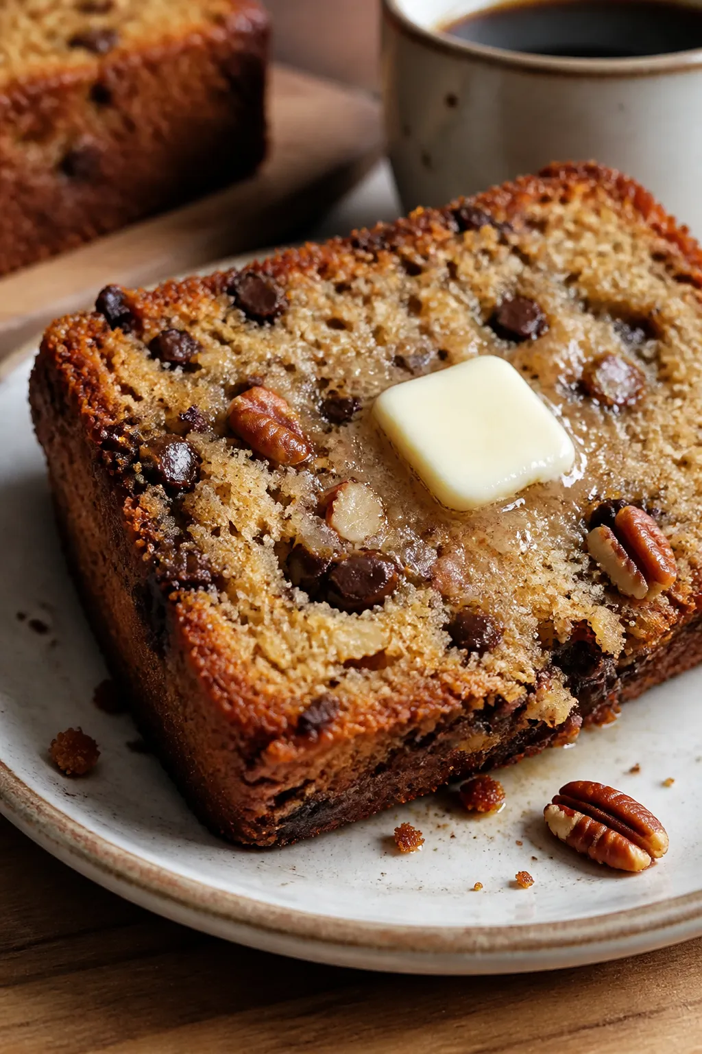 Close-up detail of a warm slice of Cottage Cheese Banana Bread on a small ceramic plate, lightly toa