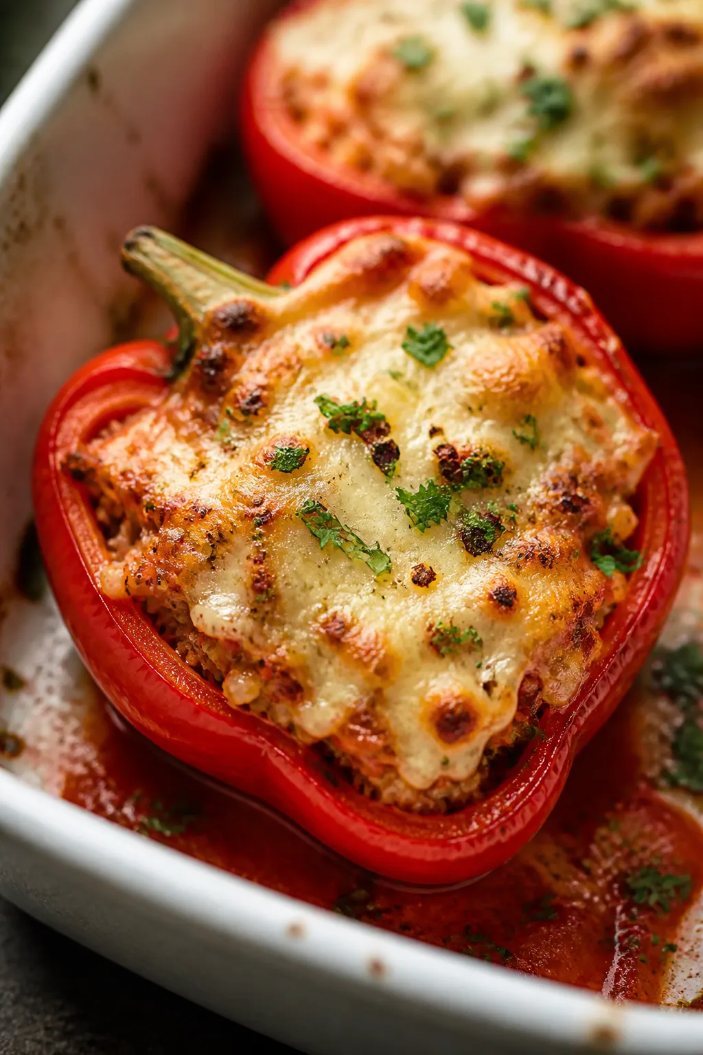 Close-up detail of baked cottage cheese stuffed bell pepper just out of the oven, three-quarter angl