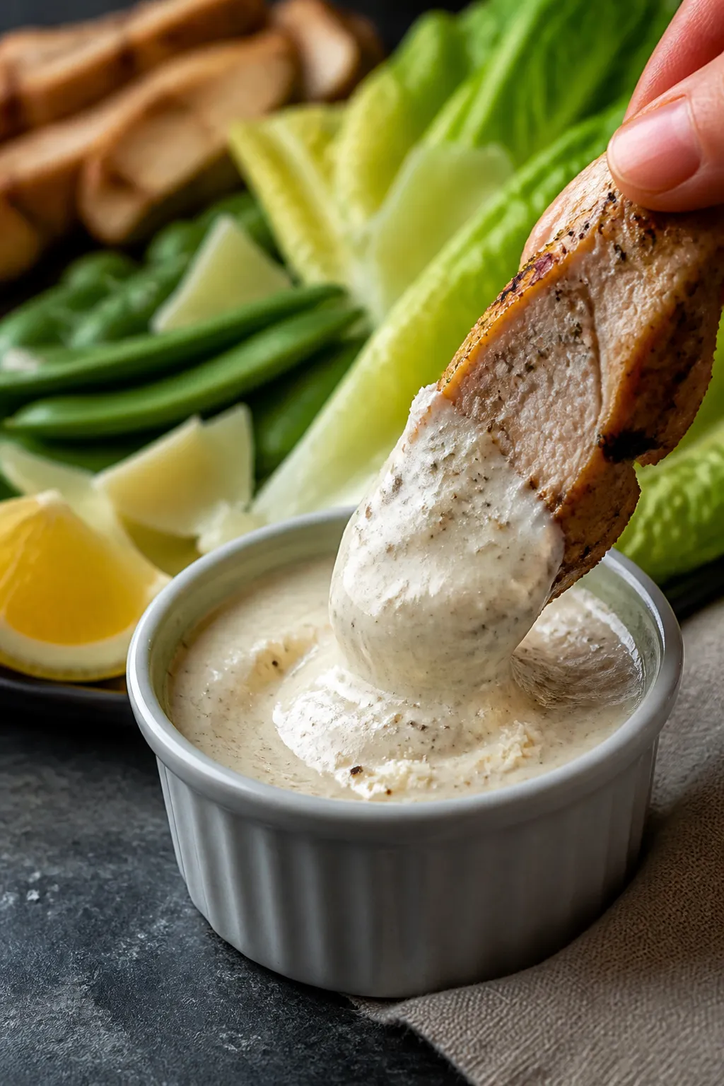 Close-up detail of dippable moment: a juicy slice of seasoned grilled chicken being dipped into a th
