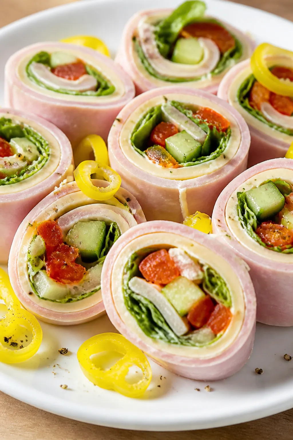 Close-up detail of sliced ham-and-cheese roll-ups (prepared, no raw ingredients) arranged as bite-si