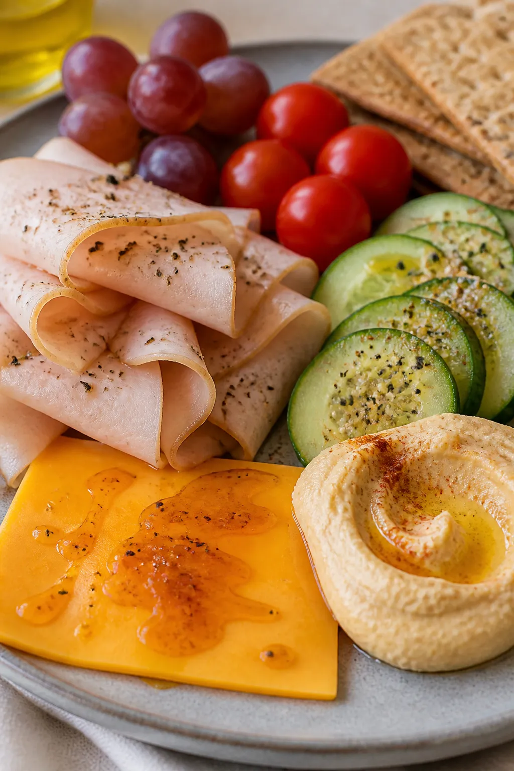 Close-up detail of snack-pack components plated for immediate eating: folded turkey stacks dusted li