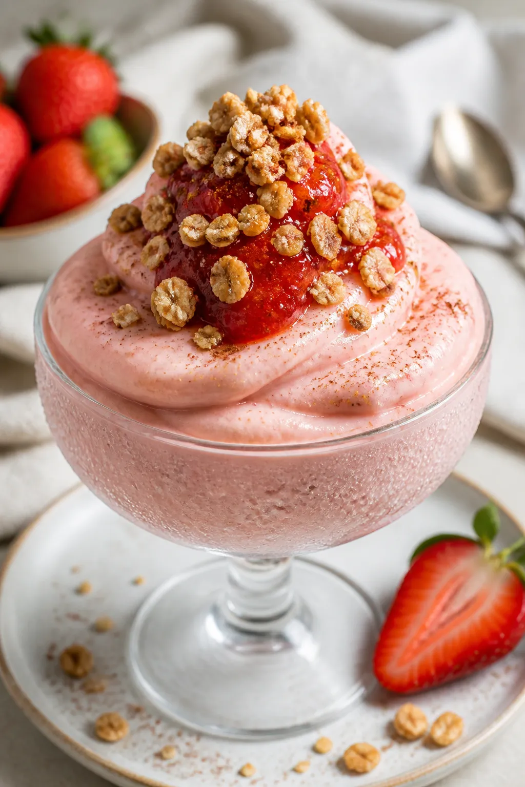 Close-up detail of soft-serve style strawberry cottage cheese ice cream served immediately from the 