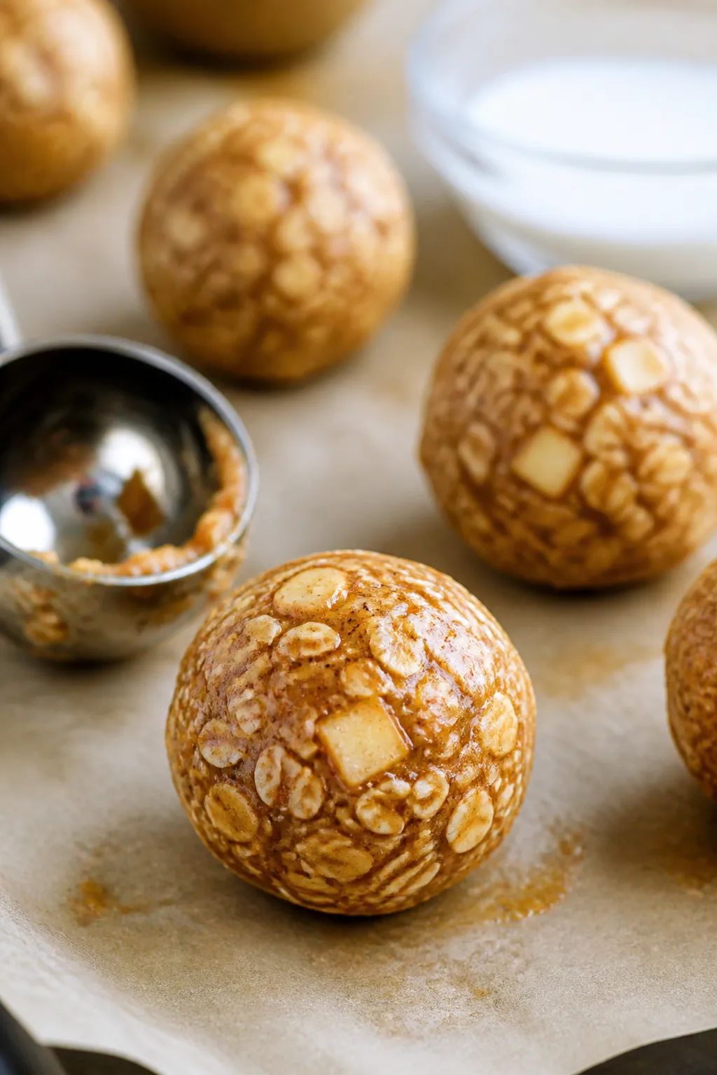 Close-up detail of the rolling stage: a heaping tablespoon scoop of the chilled mixture just formed 