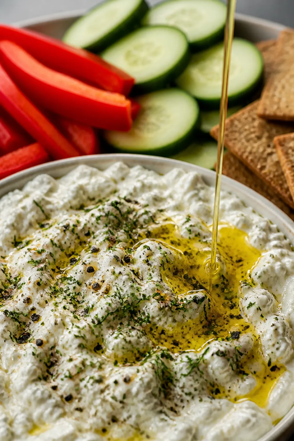 Close-up detail of the savory cottage cheese portion mid-assembly, focusing on rich curd texture as 
