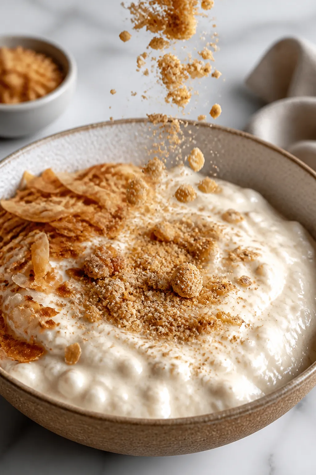 Close-up detail of the toasty “crust” crumble being sprinkled over the creamy blended base alrea