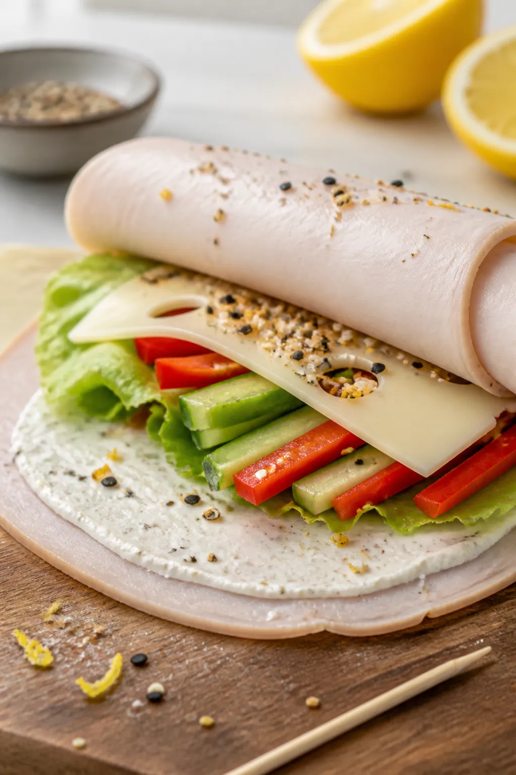 Close-up detail/process shot: Medium-thick deli turkey slice on a board already spread with a thin,