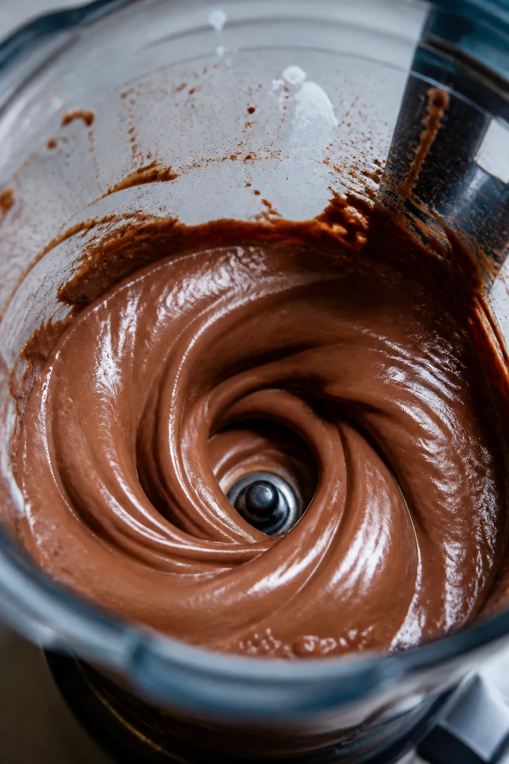 Close-up detail/process shot: Silky cottage cheese chocolate mousse being blended to a perfectly smo