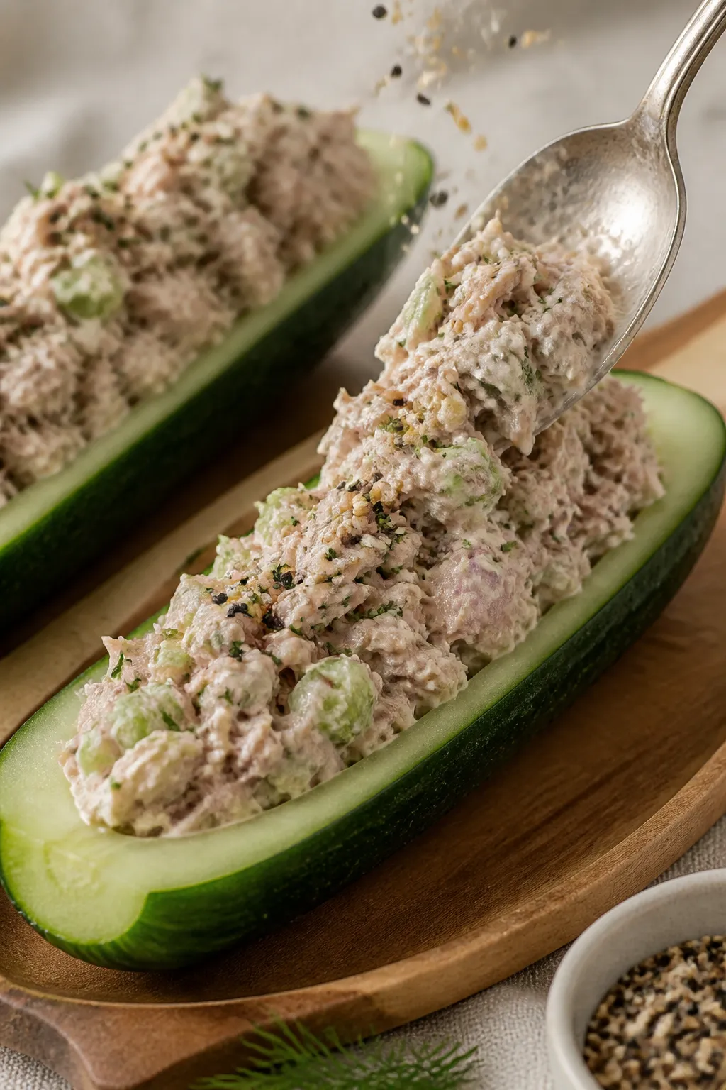 Close-up detail, process shot: Spoon gently mounding creamy high-protein tuna salad into a halved En