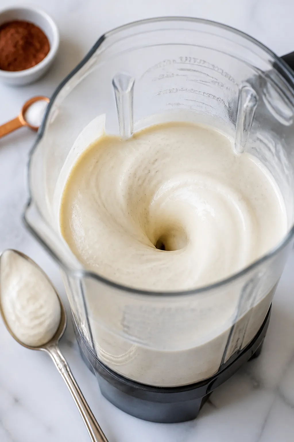 Close-up detail, process shot: Thick, silky cottage cheese protein pudding mid-blend in a glass blen