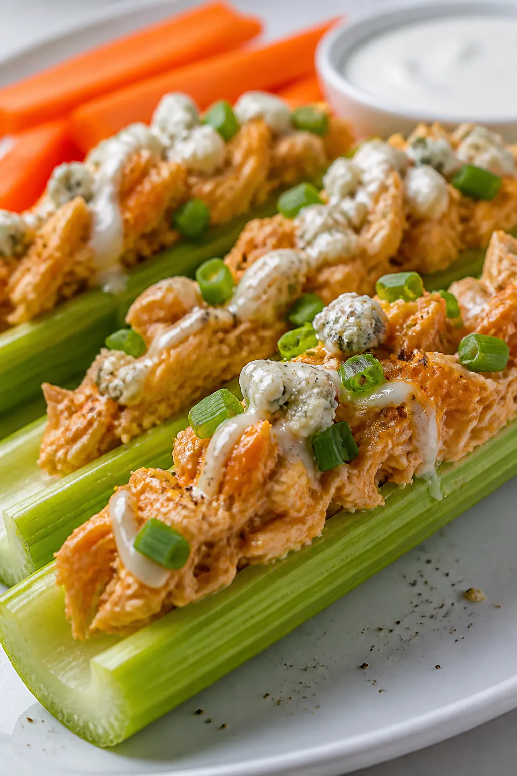 Close-up detail shot: A celery boat filled with creamy buffalo chicken mixture (shredded rotisserie 