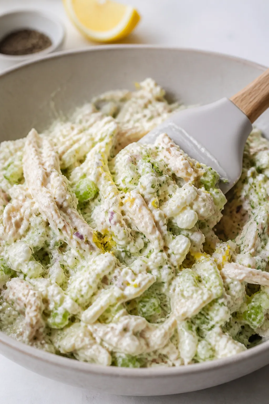 Close-up detail shot: A creamy bowl of prepared Cottage Cheese Chicken Salad being gently folded wit