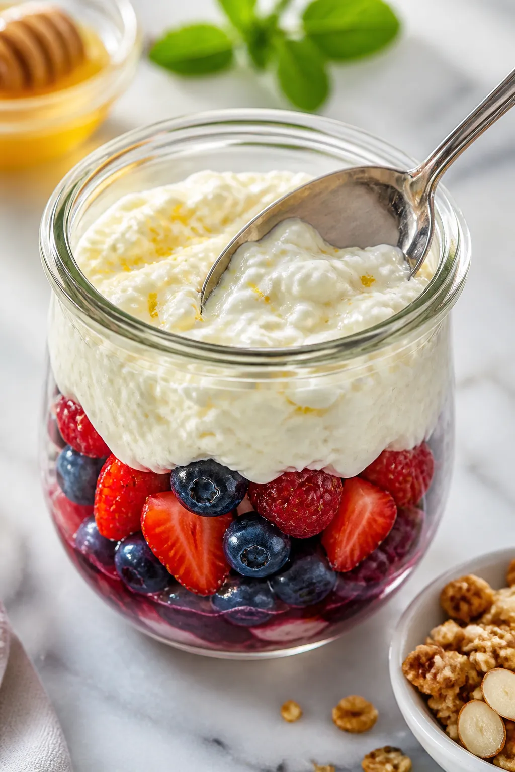 Close-up detail shot: A glass jar mid-assembly of the Cottage Cheese Berry Parfait, showing a spoon 