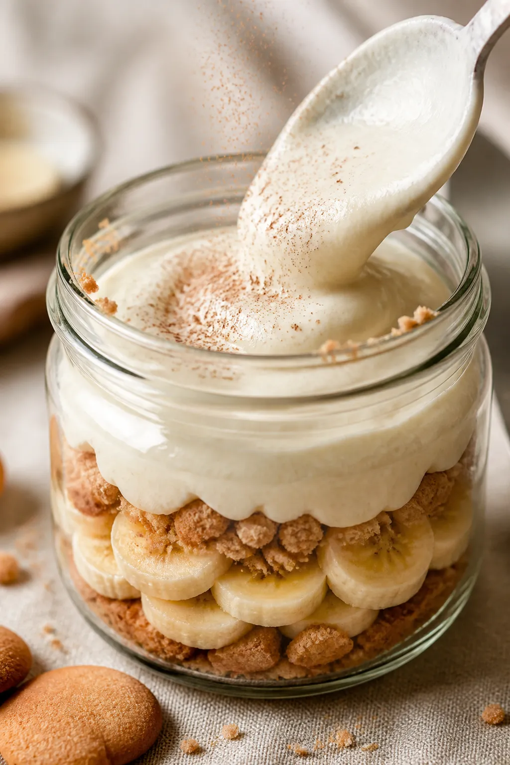 Close-up detail shot: a glass jar of assembled Cottage Cheese Banana Pudding mid-layer, showing silk