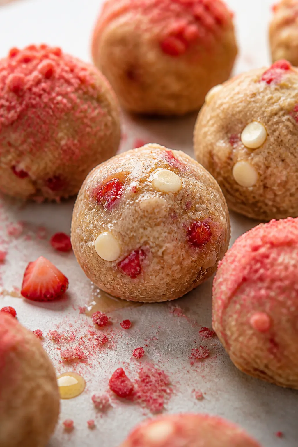 Close-up detail shot: A tray of finished strawberry shortcake protein bites on parchment, each rolle