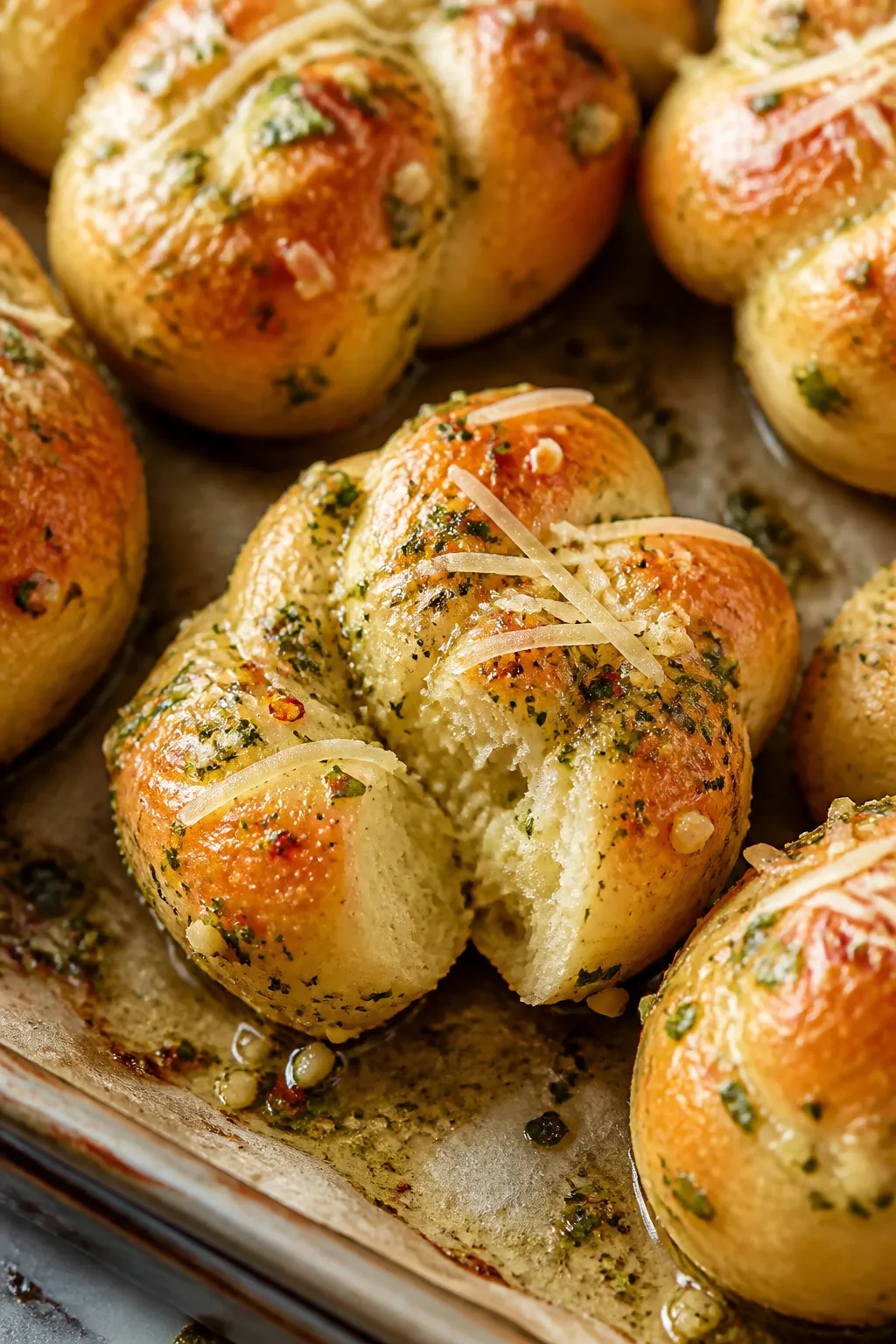 Close-up detail shot: Freshly baked cottage cheese garlic knots just out of the oven, golden-brown w