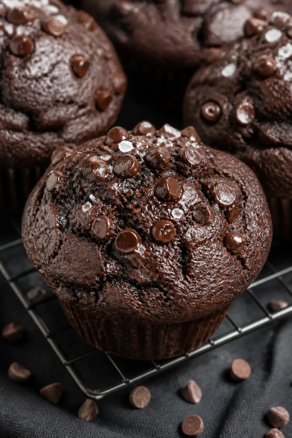 Close-up detail shot: freshly baked double chocolate protein muffins just out of the tin, domed tops