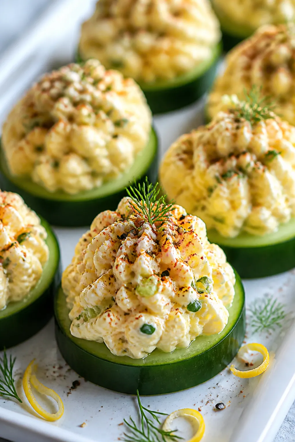 Close-up detail shot: Neatly piped creamy egg salad mounded on thick, 1/2-inch cucumber rounds, topp