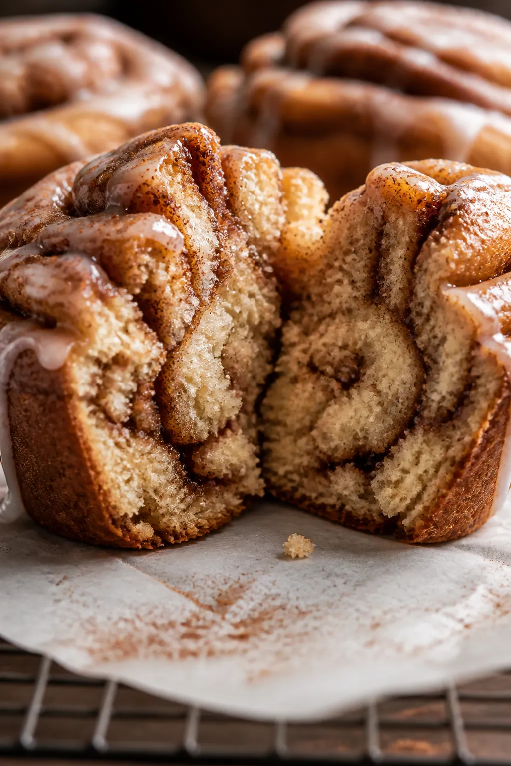 Close-up detail shot of a freshly baked cinnamon roll protein muffin torn open to reveal a moist, te