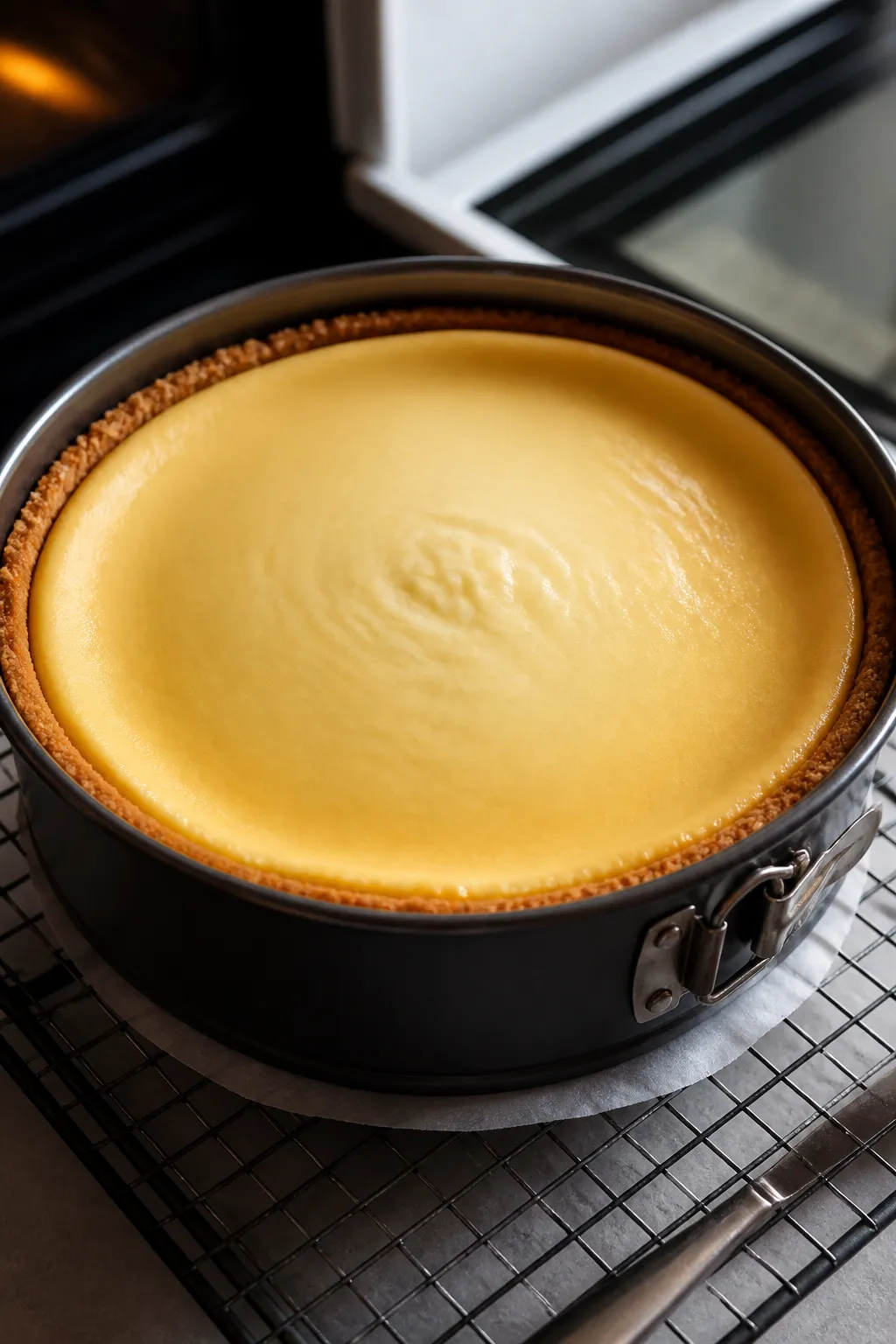 Close-up detail shot of a just-baked cottage cheese lemon cheesecake still in the springform pan aft