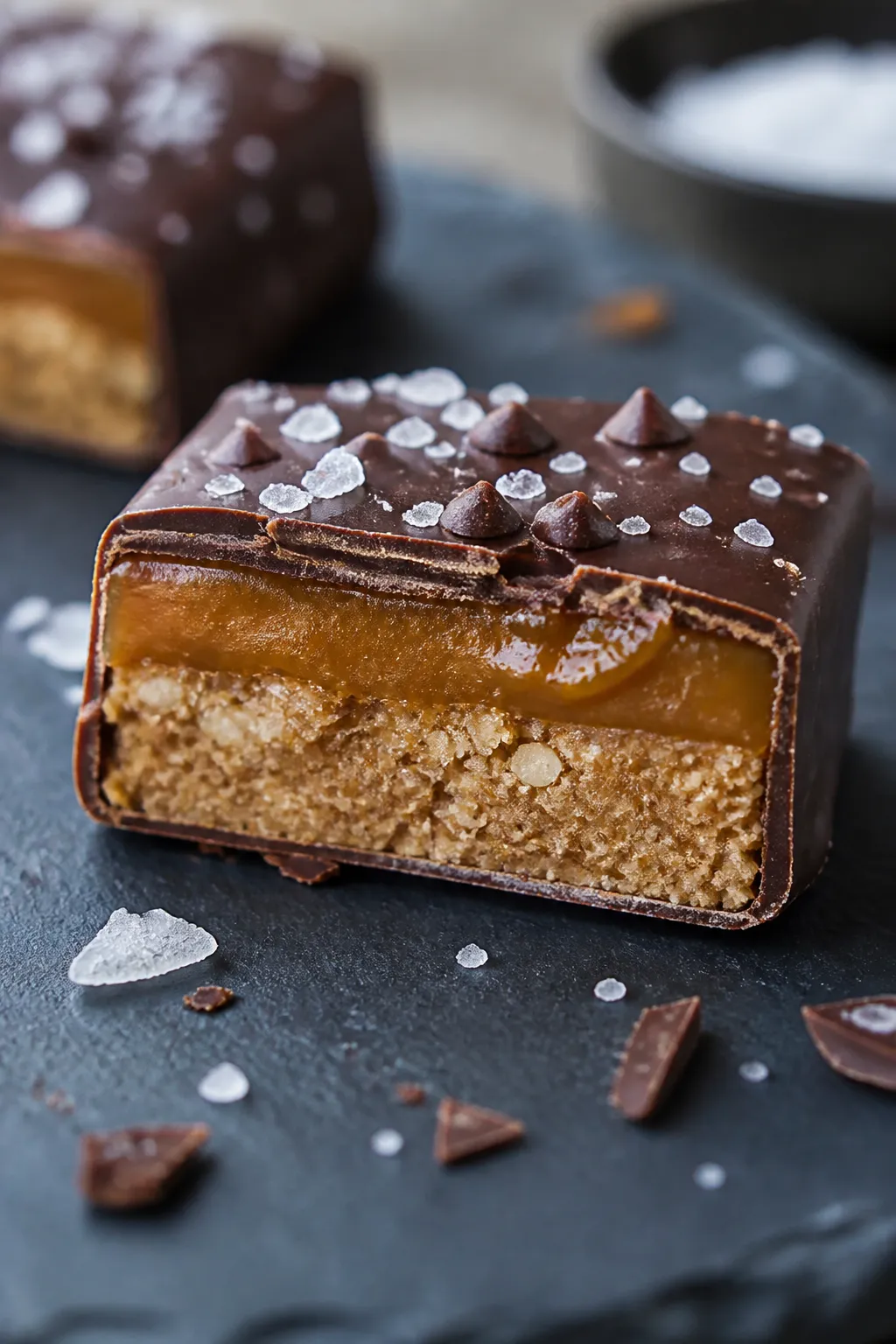Close-up detail shot of a sliced High Protein Salted Caramel Protein Bar showing clean layers: chewy