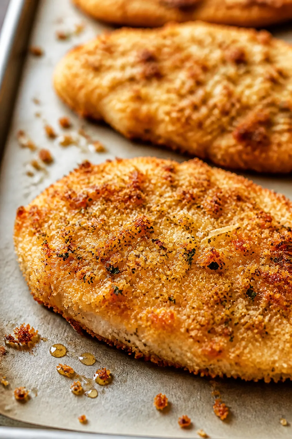 Close-up detail shot of baked chicken cutlets just after the first bake, showing ultra-crisp, golden