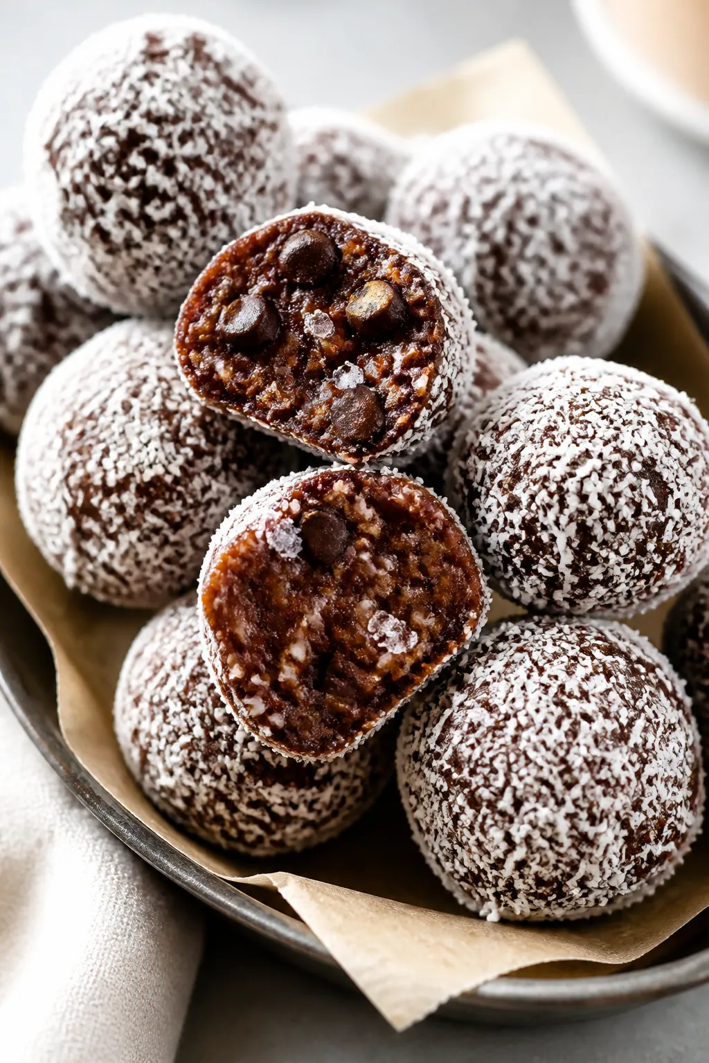 Close-up detail shot of finished chocolate coconut protein bites: a small tray lined with parchment