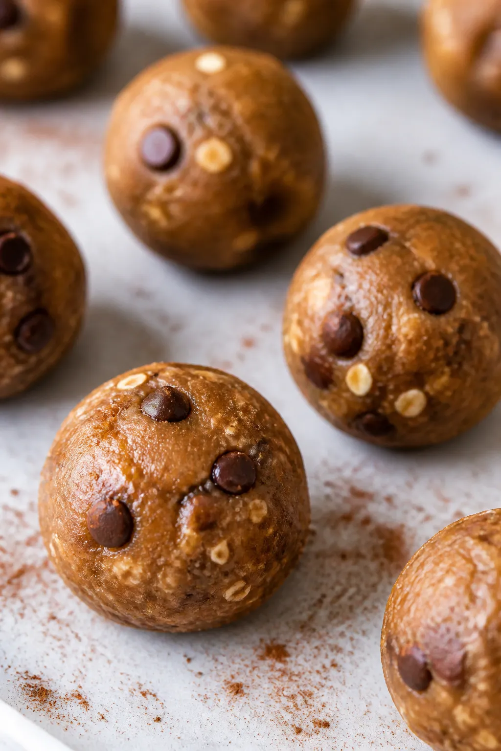 Close-up detail shot of freshly rolled chocolate peanut butter protein balls on a parchment-lined tr