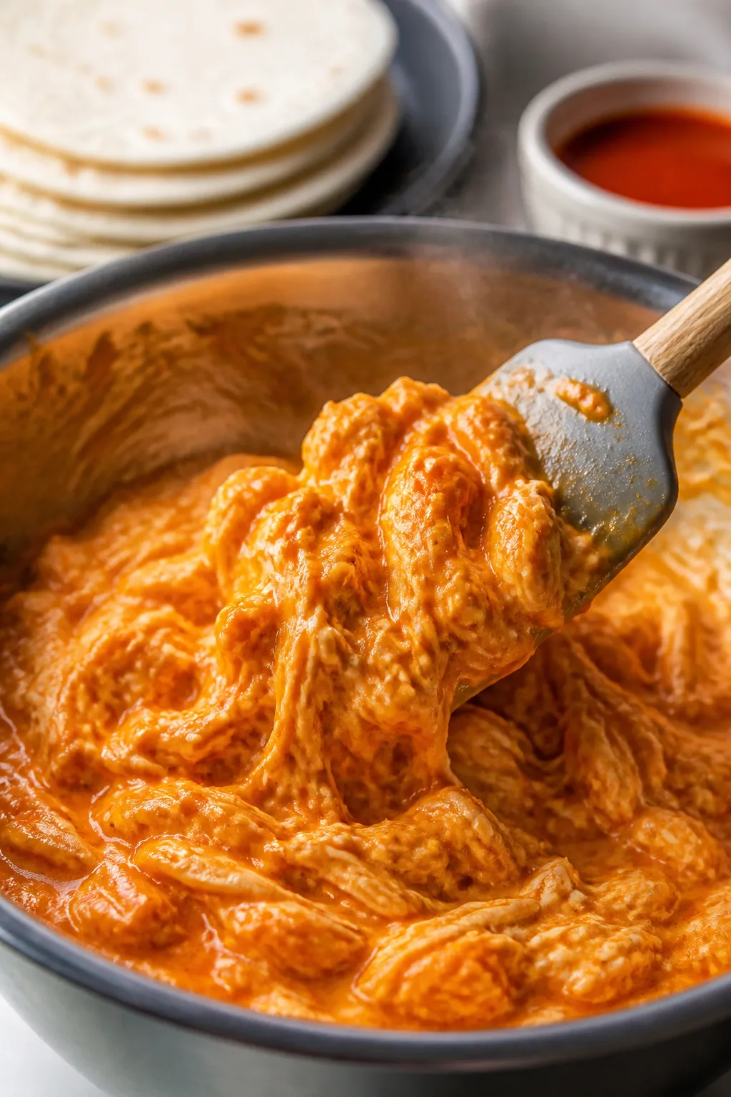 Close-up detail shot of saucy Buffalo cottage-cheese chicken being tossed in a stainless bowl with a