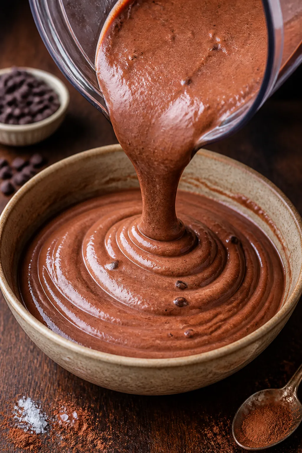 Close-up detail shot of silky Cottage Cheese Brownie Batter Dip mid-prep: blender jar filled with gl