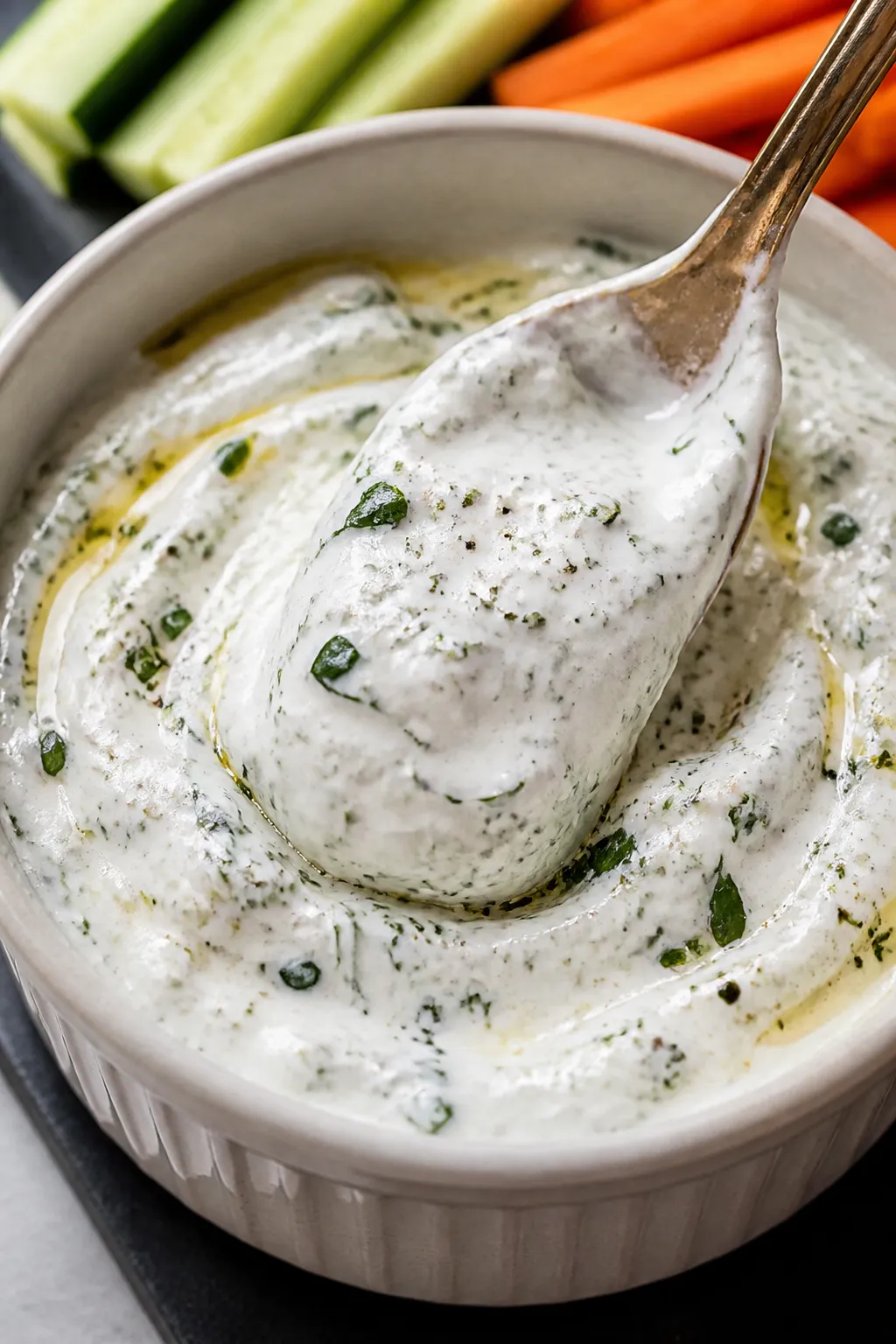 Close-up detail shot: Ultra-creamy cottage cheese ranch veggie dip just after blending, spoon swoopi