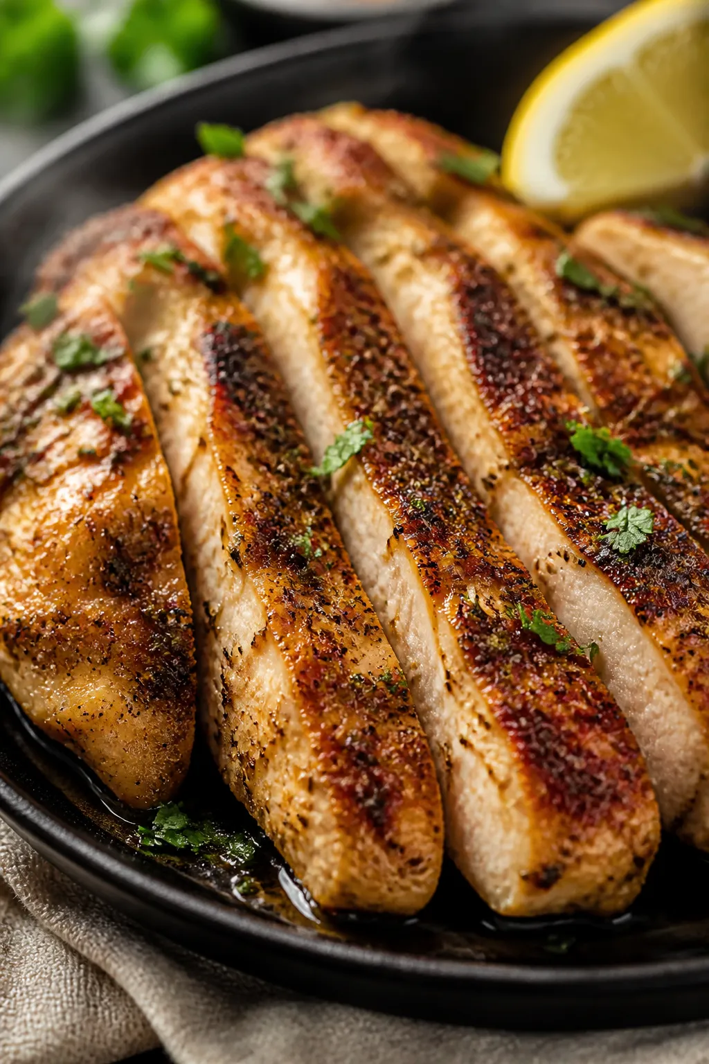 Close-up detail: Sliced, golden-browned Mediterranean chicken just off the skillet, glistening with
