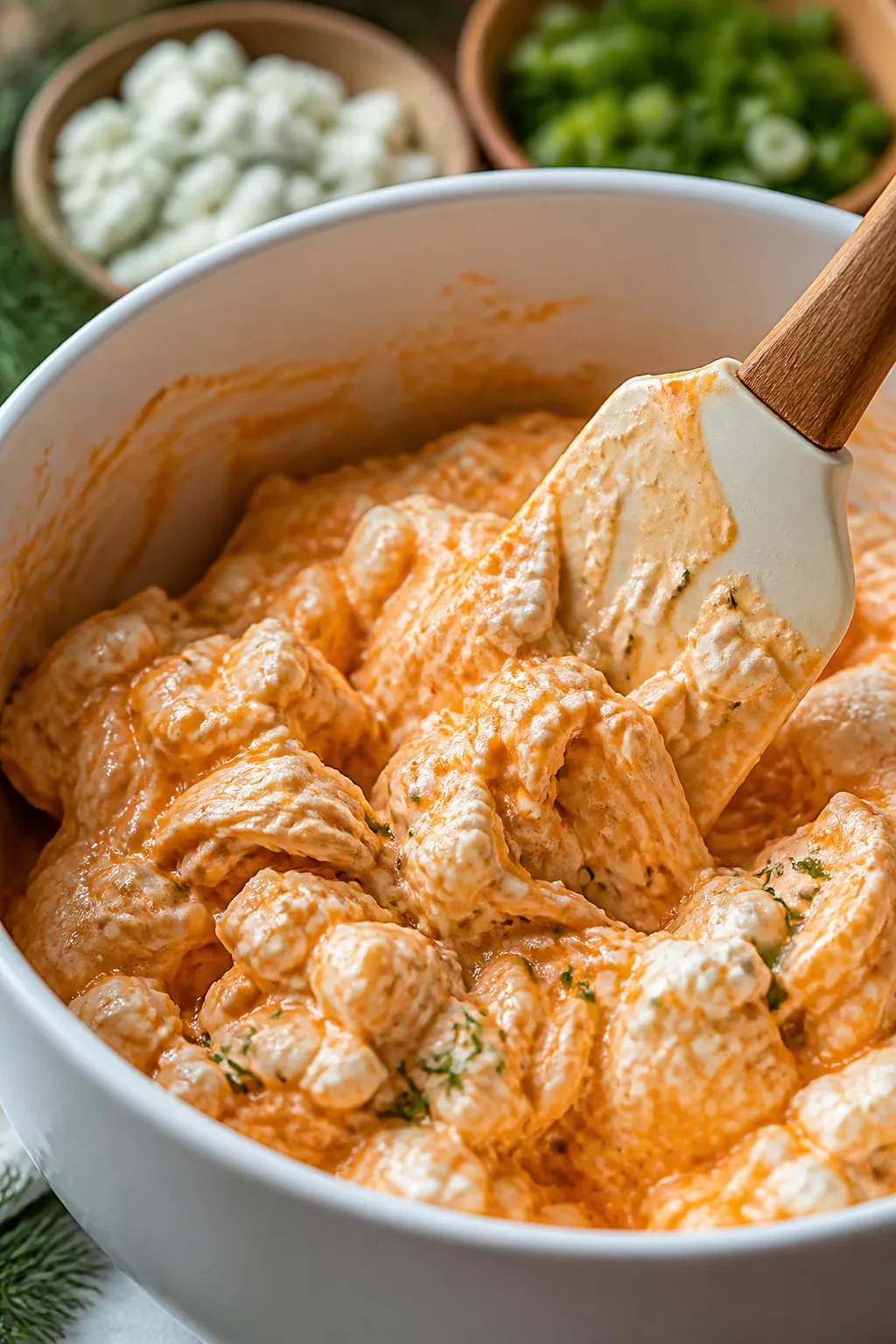 Close-up detail, three-quarter angle of the buffalo chicken cottage cheese mixture being folded toge