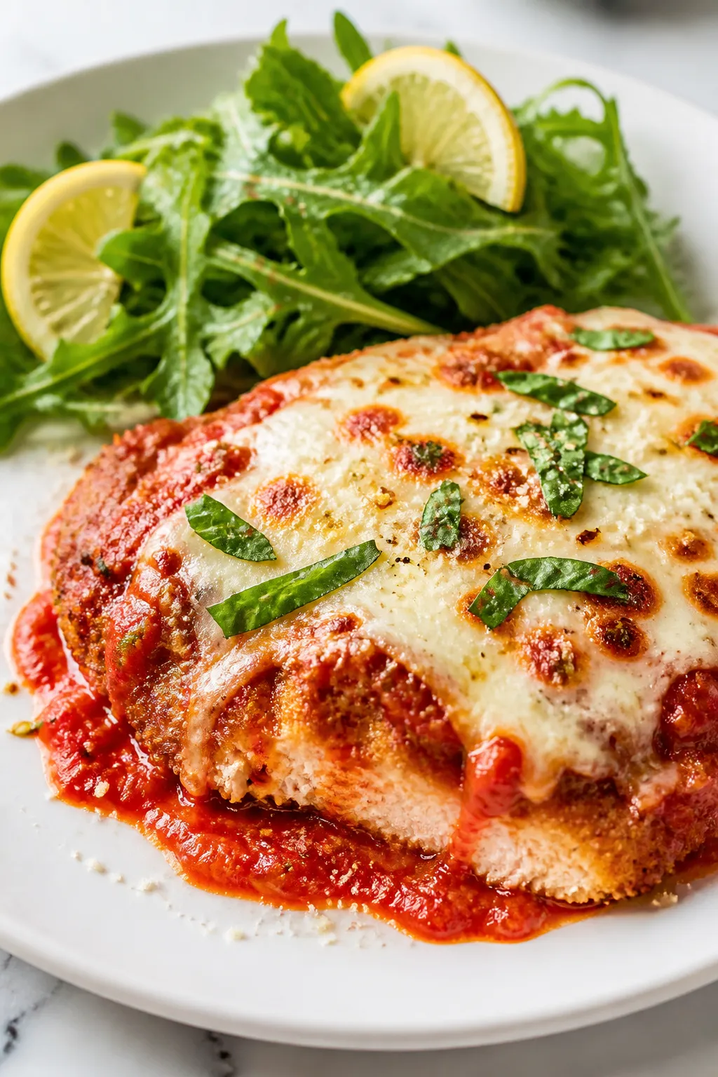 Close-up, final plated Healthy Chicken Parmesan portion on a white ceramic plate: juicy chicken topp