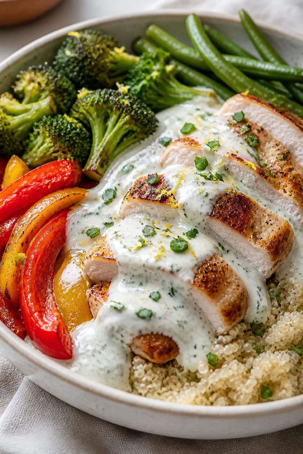 Close-up final plated meal prep bowl with sliced ranch chicken over fluffy quinoa, roasted bell pepp