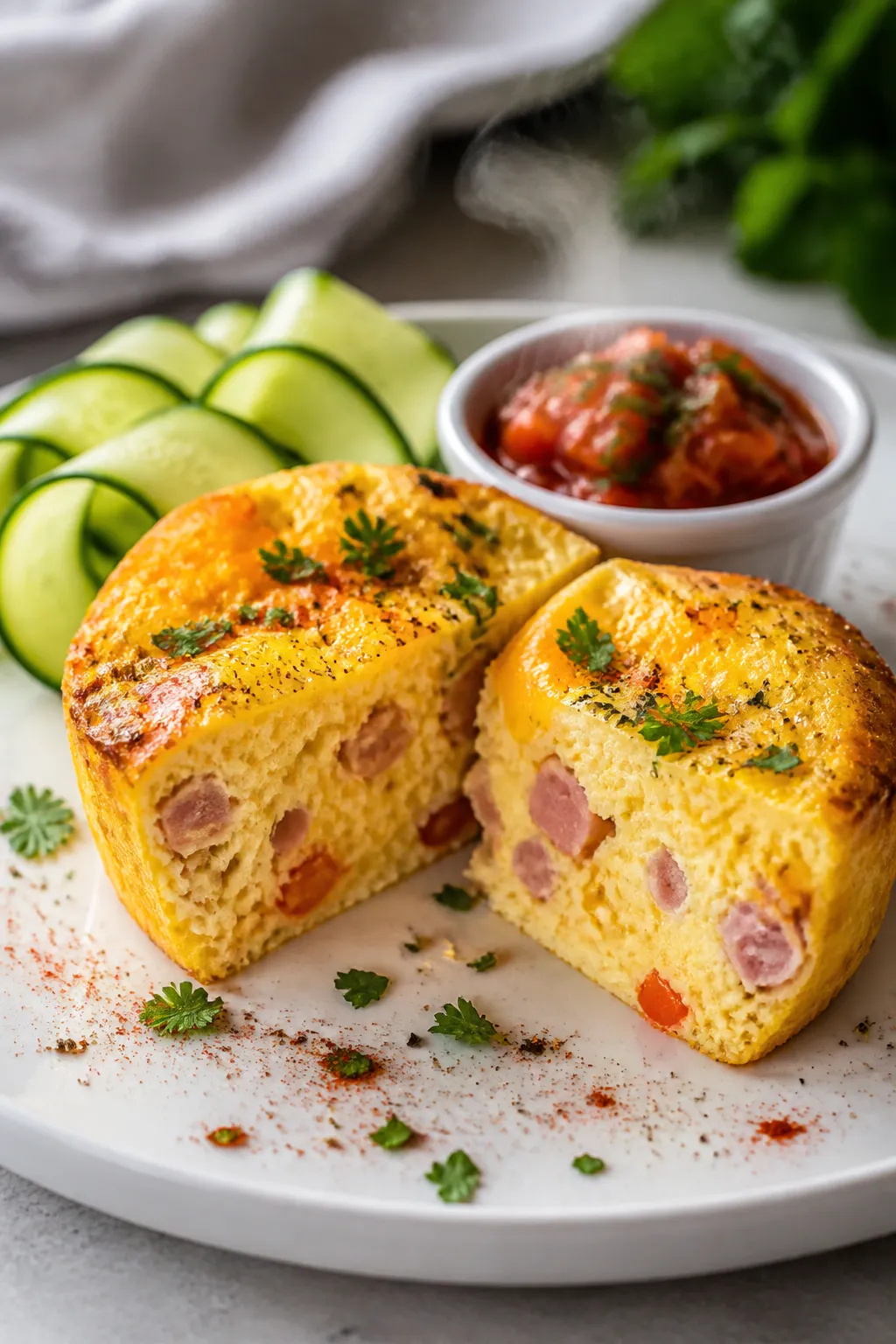 Close-up final plating of two High Protein Ham Egg Muffins on a matte white plate, cut into halves t