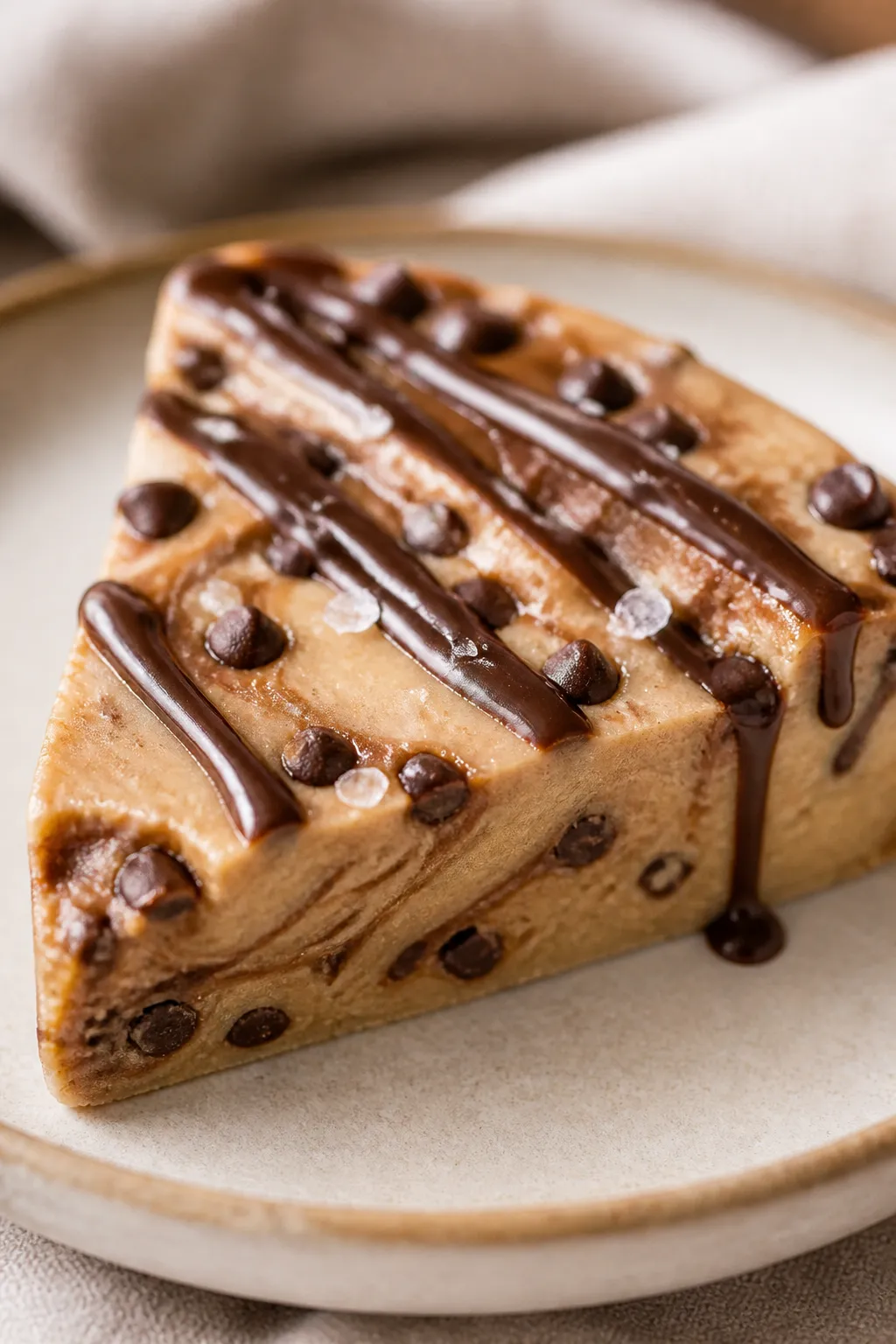 Close-up macro detail of a single piece of cookie dough protein bark held on a minimal ceramic plate