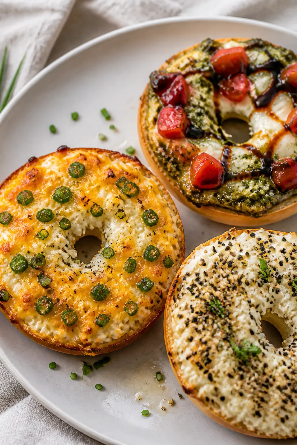 Close-up, of a plated trio of High Protein Cottage Cheese Bagel Bites on a matte white plate: one ja