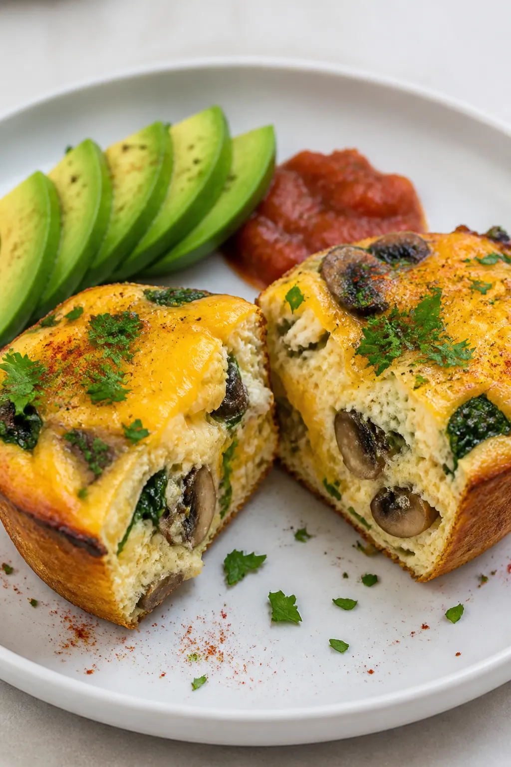 Close-up plated presentation of two cottage cheese egg muffins sliced open to reveal a tender, custa