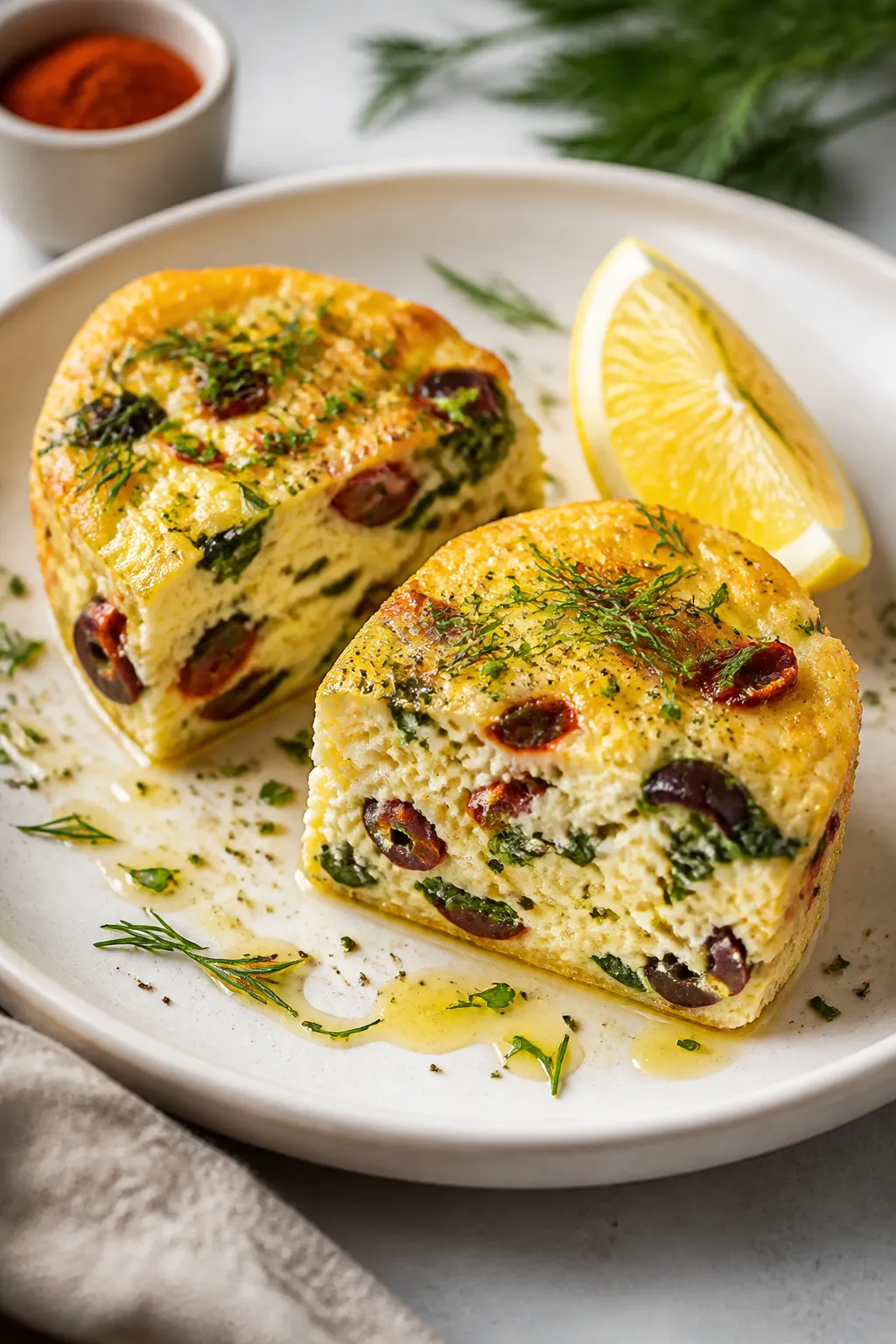 Close-up plated presentation of two sliced cottage cheese egg muffins (Greek-style variation) on a m