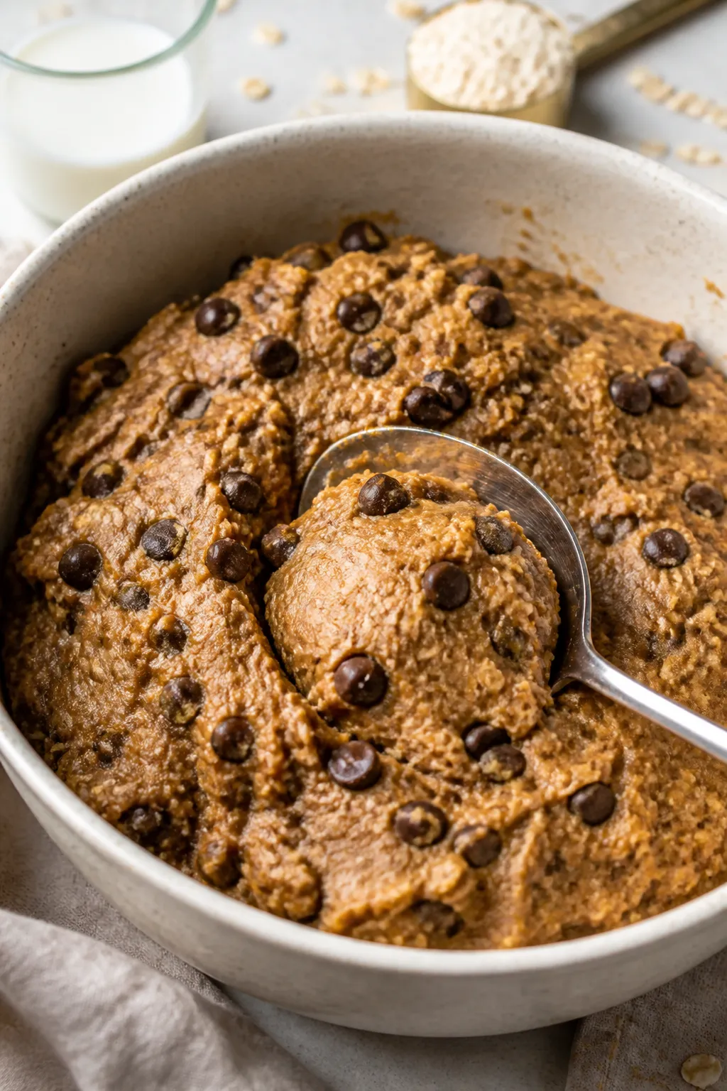 Close-up process detail of a mixing bowl filled with the finished, pliable cookie dough just before