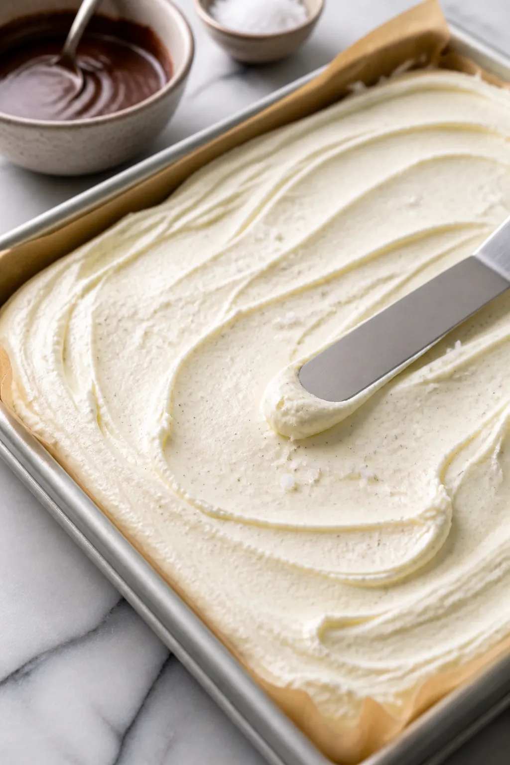 Close-up process detail of the blended cottage cheese–Greek yogurt base being spread to a 1/4–1/