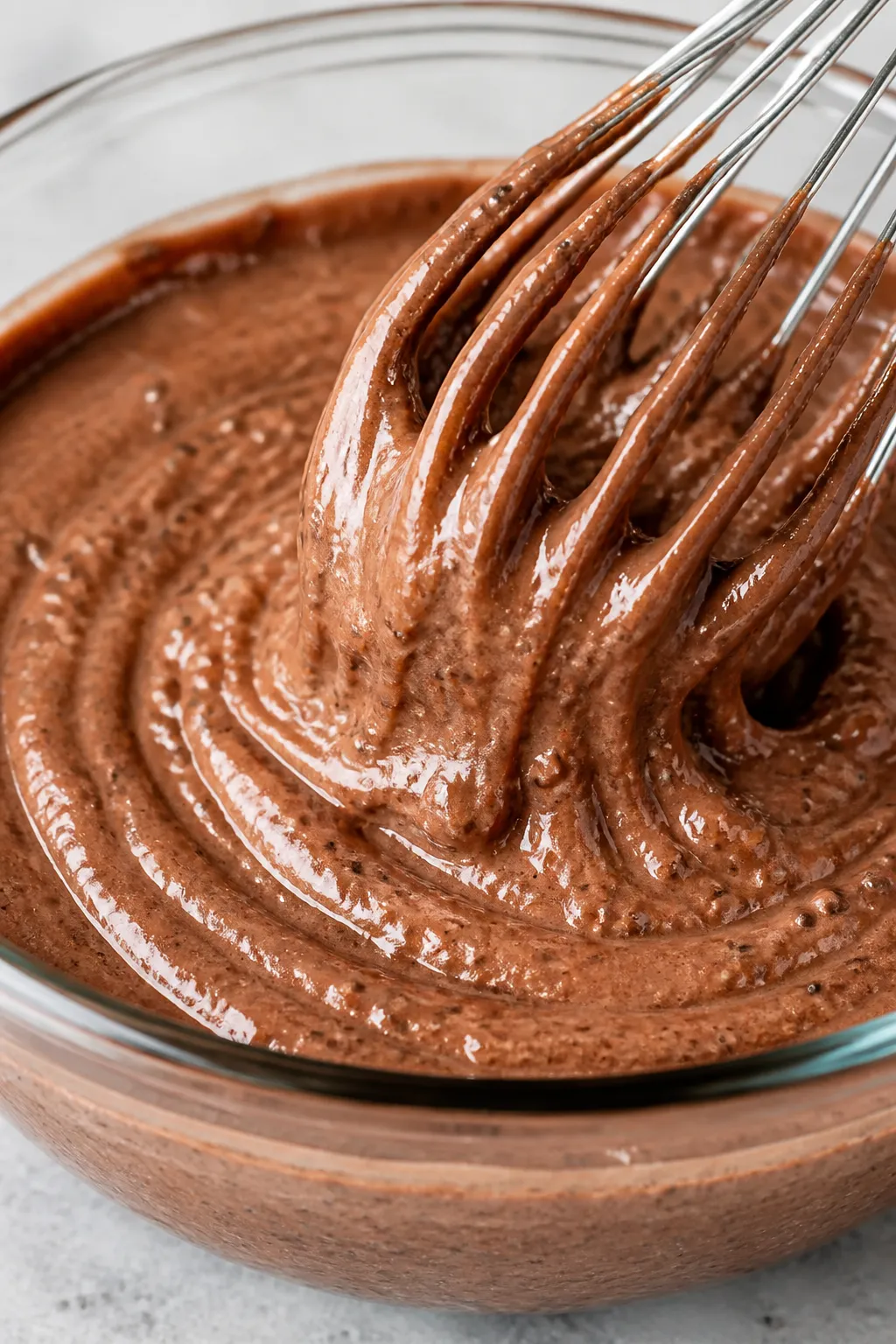 Close-up process detail of the pudding reaching perfect consistency: a thick, custard-like chocolate
