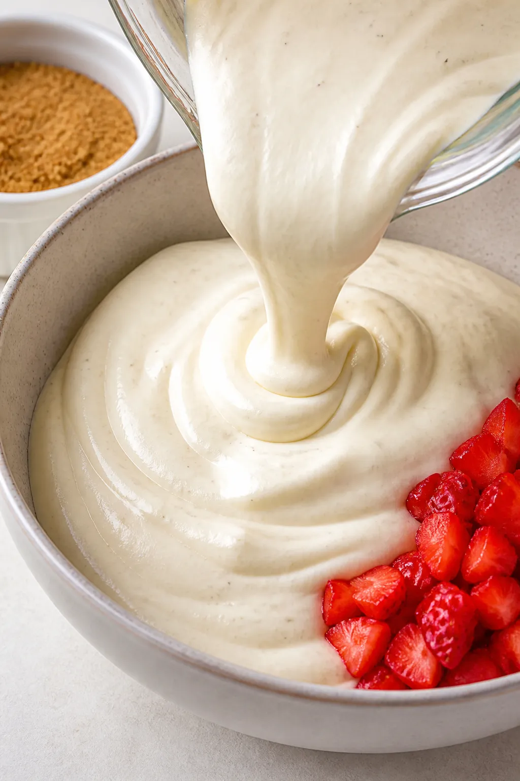 Close-up process detail of the velvety cheesecake base being poured from a blender into a serving bo