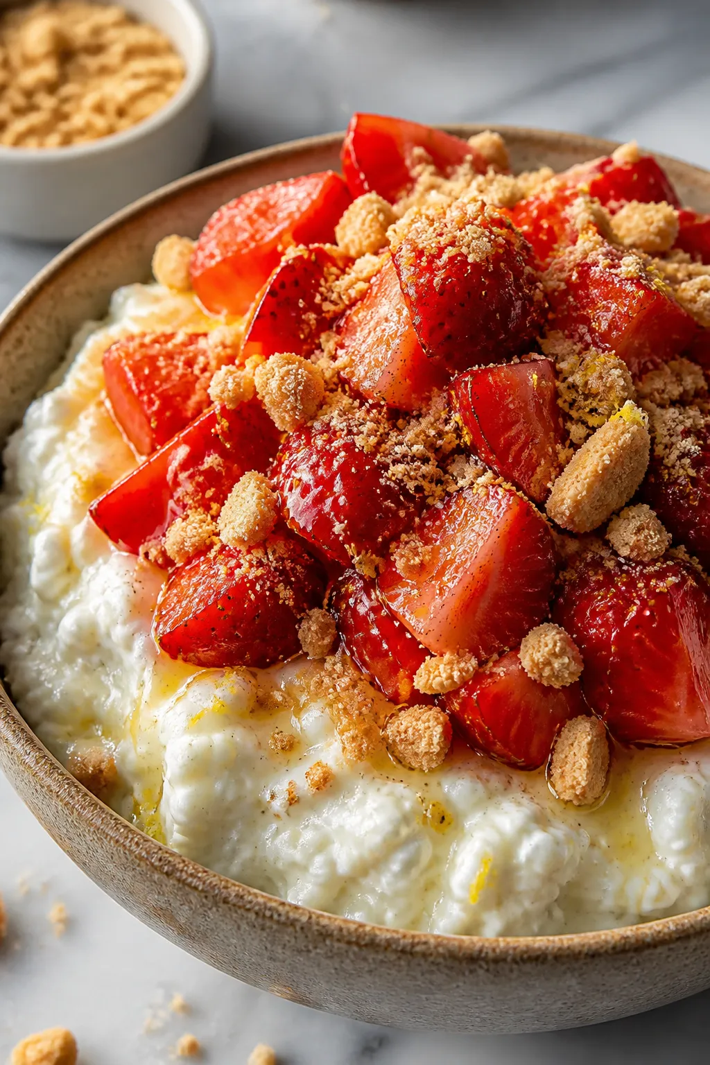 Close-up process detail: rustic-style bowl of cottage cheese just stirred with vanilla (visible soft