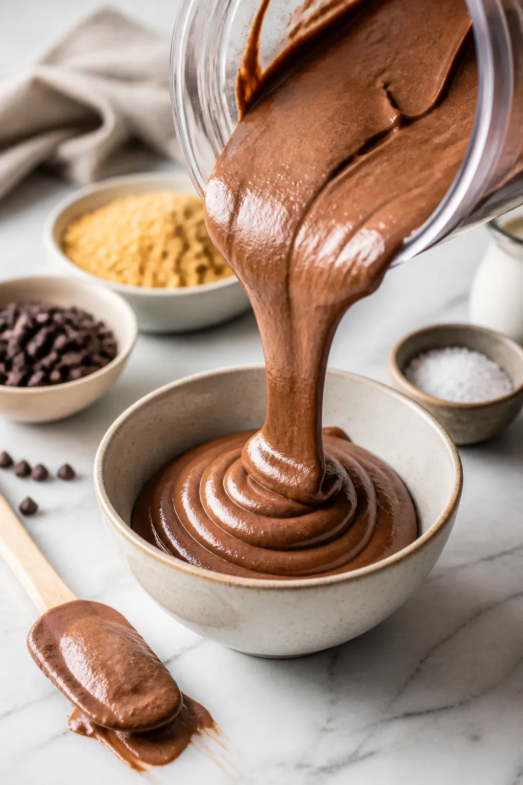 Close-up, process-focused three-quarter angle of the freshly blended dip being poured in a silky rib