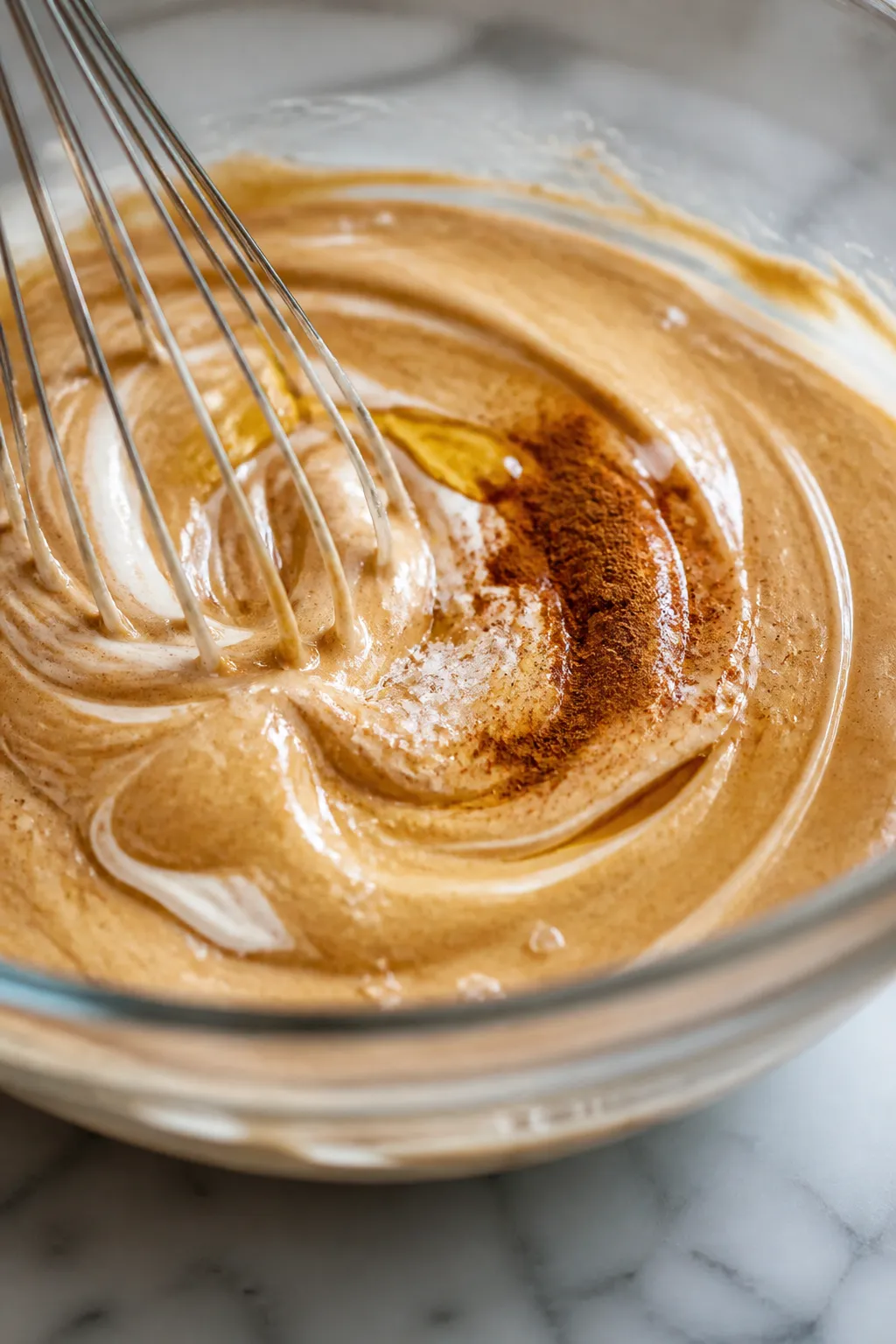 Close-up, process moment: the dip mid-whisk in a glass mixing bowl, showing luxurious ribbons of thi