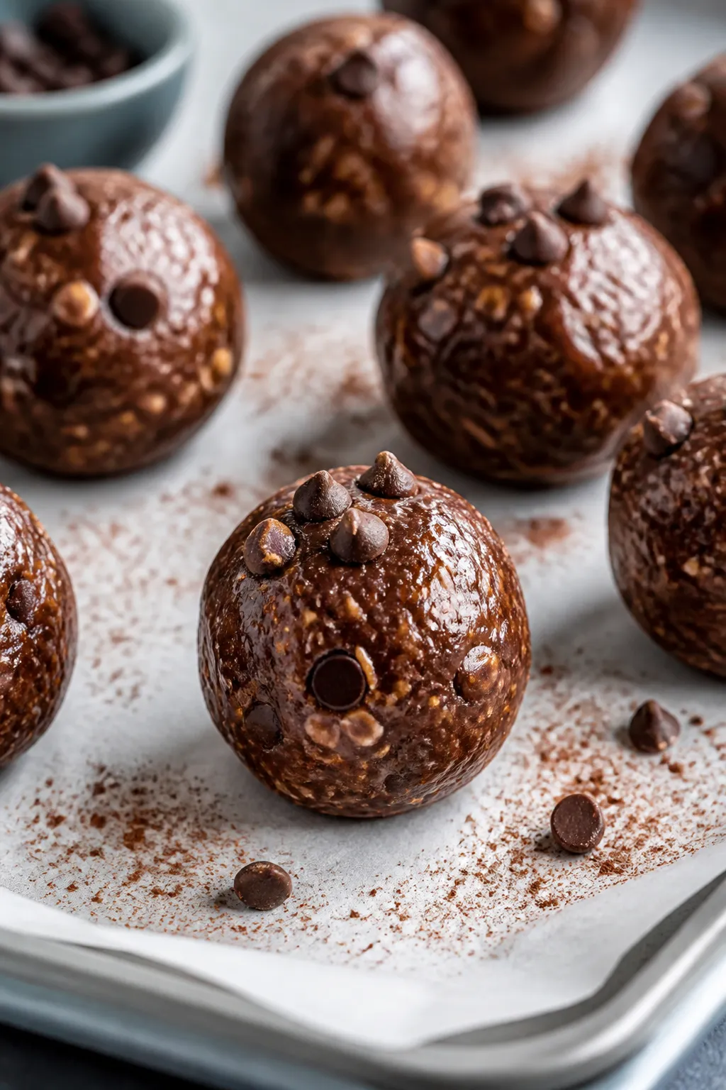 Close-up process shot: freshly rolled peanut butter cup protein balls on a parchment-lined tray afte