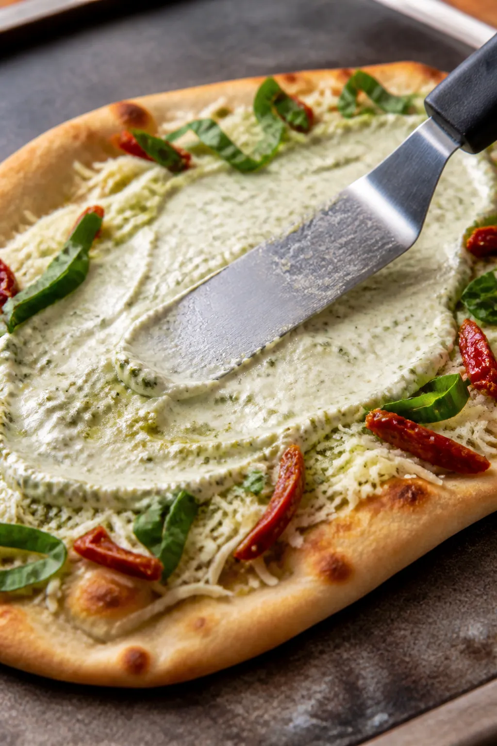 Close-up process shot of a par-baked naan flatbread on a hot pizza stone being topped with a silky, 